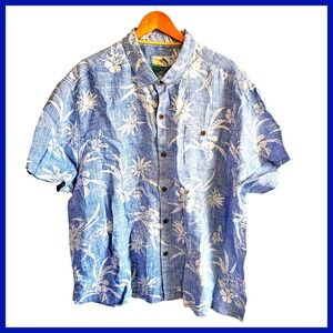 Tommy Bahama Linen Hawaiian Shirt Tropical Floral Print Blue XXL Plus Size‎ Mens